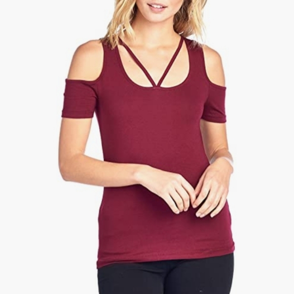 Burgundy lowcut criss cross cutout shoulders top - Picture 1 of 2